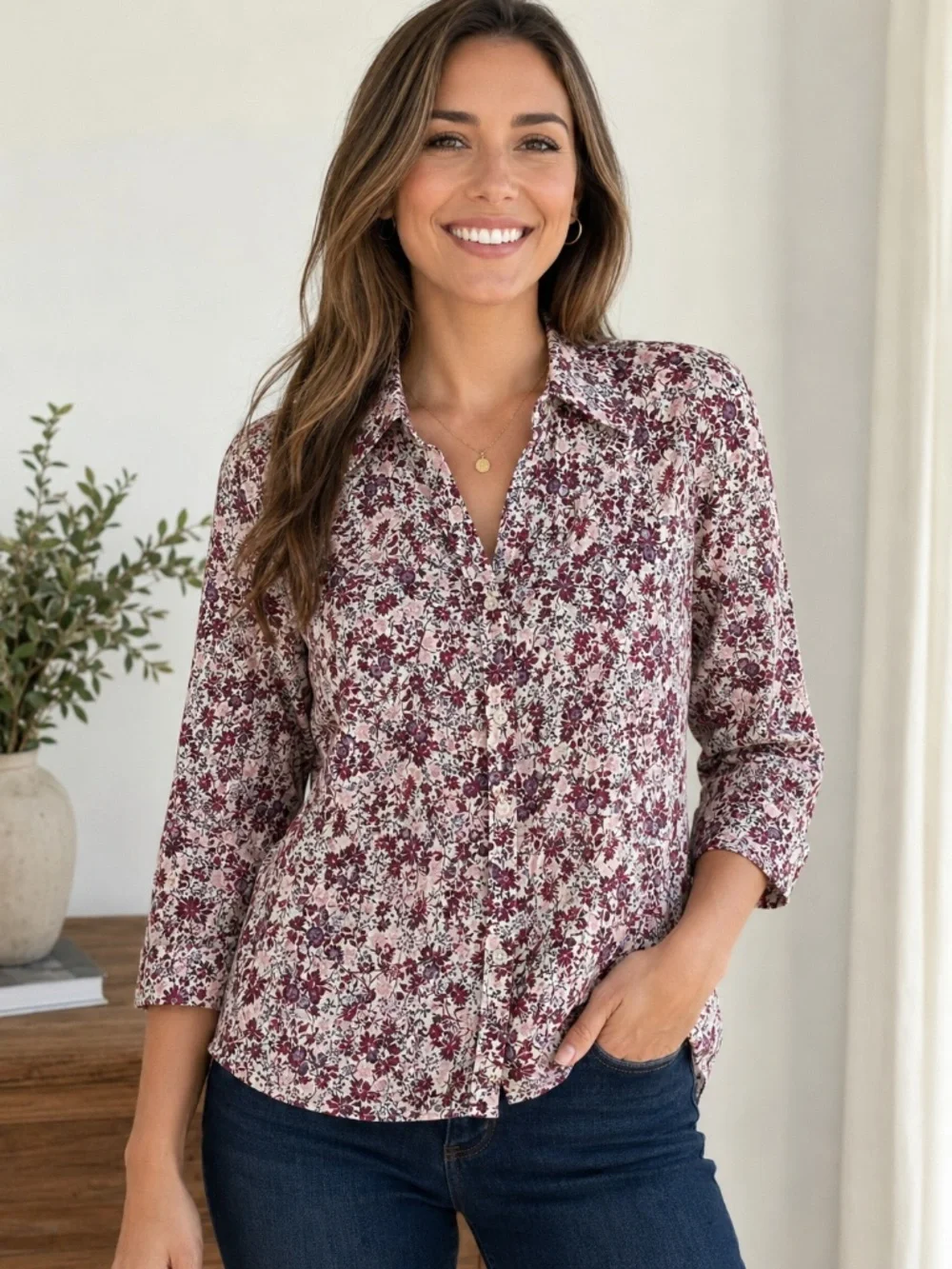 Eddie Bauer Floral Button-Up Blouse M Burgundy Pink Cotton Collared V-Neck EUC